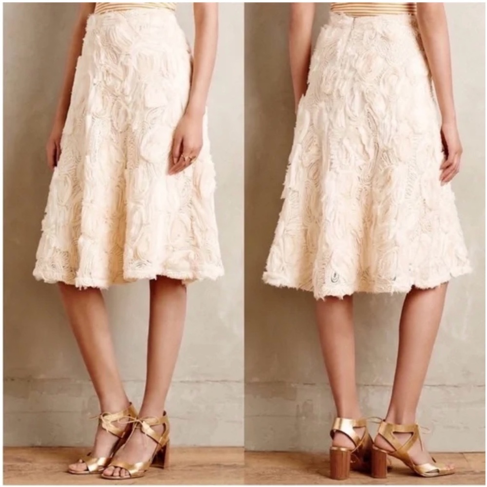 Anthropologie Cream and White Ruffled A-Line Midi Skirt
